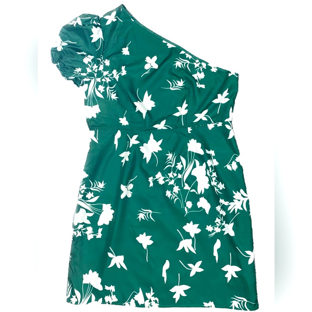 SHEIN One Shoulder Puff Sleeve Floral Green Dress | Plus 0XL 12 | Never Worn